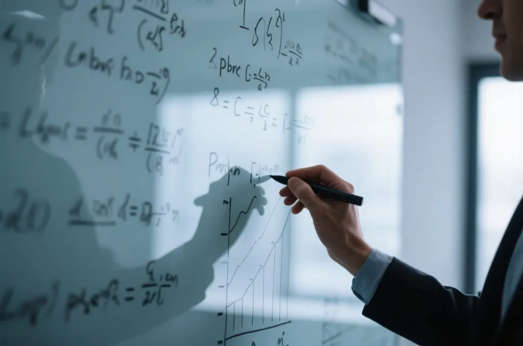 在玻璃白板上书写复杂的数学公式和概率图表进行策略规划